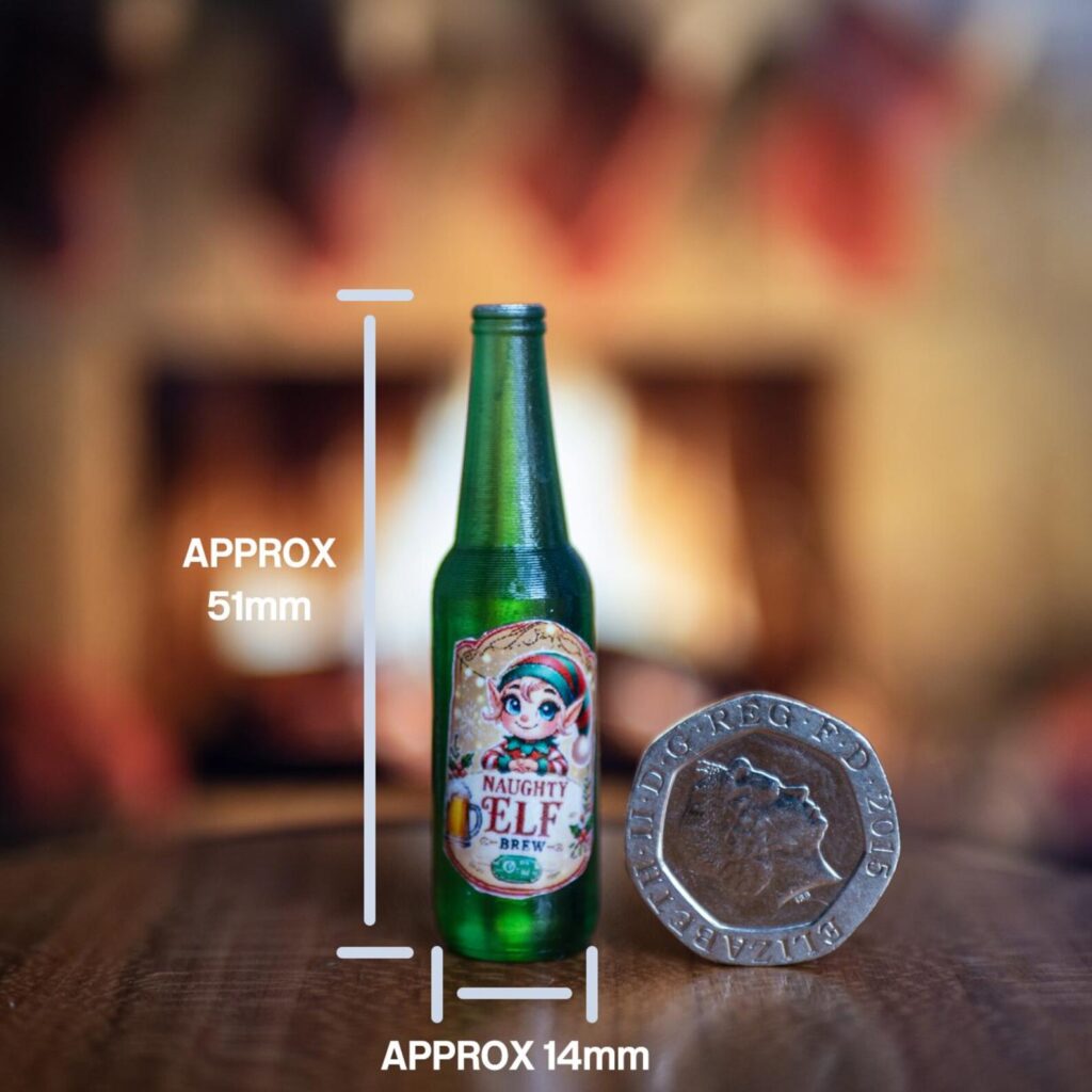 One Naughty Elf Brew bottle measured at about 51mm tall and 14mm wide